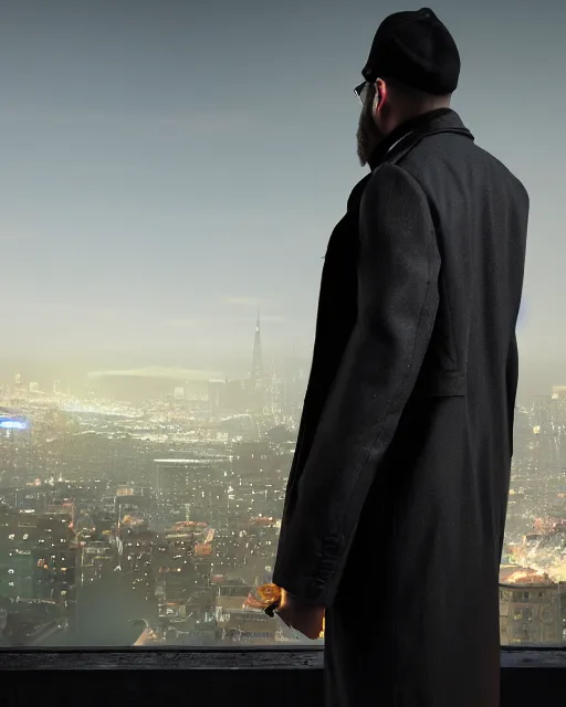 Image similar to a night rooftop scene, close up shot of a photorealistic gangster wearing a trench coat looking at the city below, unreal engine, hyper realism, realistic shading, cinematic color grading