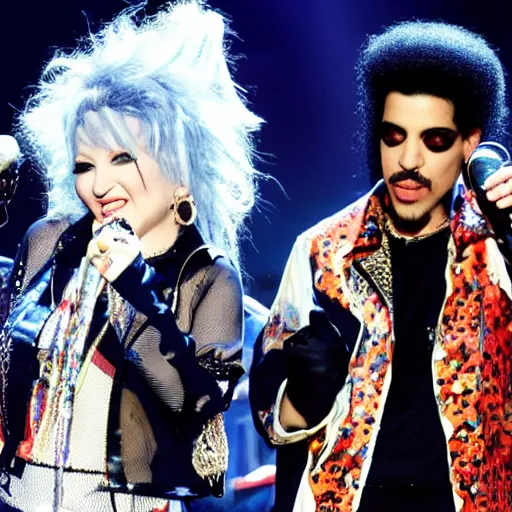 Prompt: Photo of Cyndi Lauper and Prince jamming on a stage at a festival