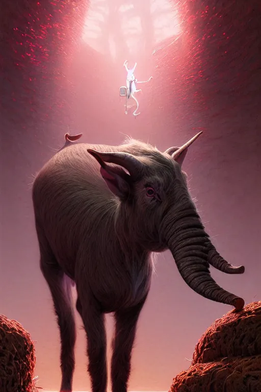 Prompt: highly detailed portrait of a goat pig hybrid with pink elephant trunk working on a computer, stephen bliss, unreal engine, fantasy art by greg rutkowski, rhads, ferdinand knab, makoto shinkai and lois van baarle, ilya kuvshinov, rossdraws, tom bagshaw, global illumination, radiant light, red blue theme, pine forest