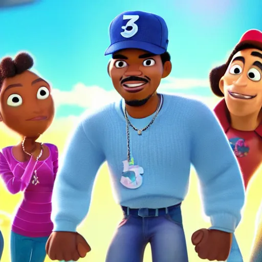 Image similar to a tv still of Chance The Rapper starring in a 2006 Pixar Animated movie