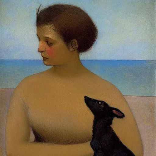 Prompt: a woman and her black chihuahua by the sea odilon redon