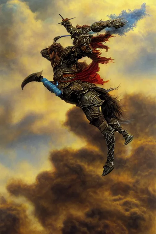 Prompt: masterpiece matte painting of a warrior falling from the clouds, male, breastplate, magical, high fantasy, d & d, by donato giancola, face details, extremely detailed, digital illustration