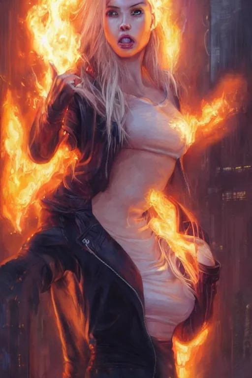Image similar to wonderful young blonde woman with flames dancing on her hands with a long jacket in a cyberpunk city mouth open in a cry, realistic, high definition, detailed and symetric face, detailed and realistic hands, expressive eyes, 4 k, shimmering color, art by artgerm ans greg rutkowski and magali villeneuve