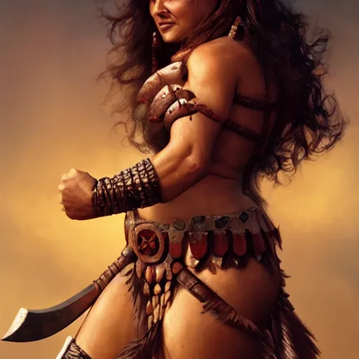 Image similar to salma hayek as a barbarian warrior, au naturel, hyper detailed, digital art, trending in artstation, cinematic lighting, studio quality, smooth render, unreal engine 5 rendered, octane rendered, art style by klimt and nixeu and ian sprigger and wlop and krenz cushart.