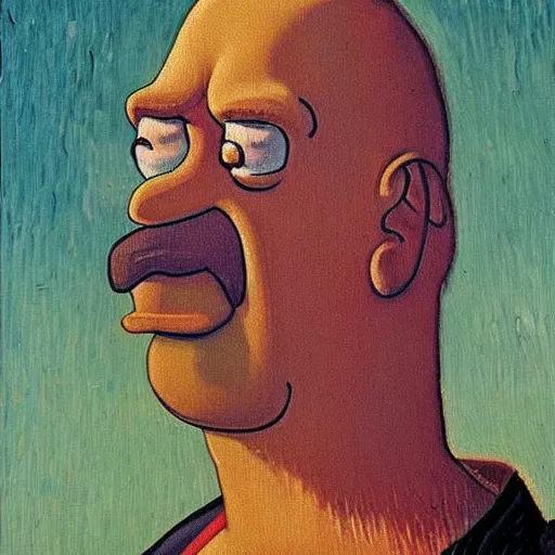 Prompt: a beautiful oil painting of homer simpson, 8k , award winning , made in 1800's , old , painted by vincent van gogh