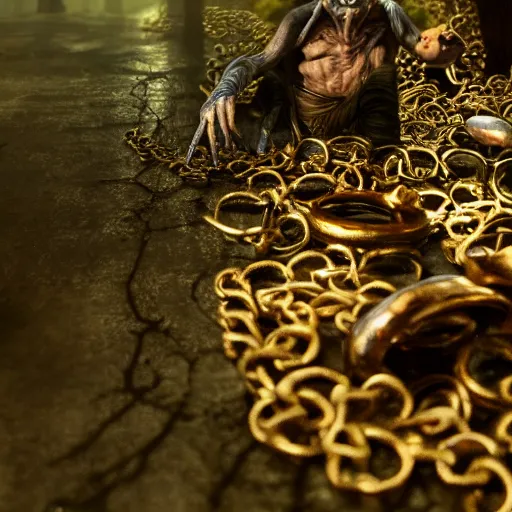 Image similar to Gollum wearing many rings and many gold chains and many medallions in a dark forest, cinematic, foggy atmosphere, greed, excitement, photograph, photorealistic