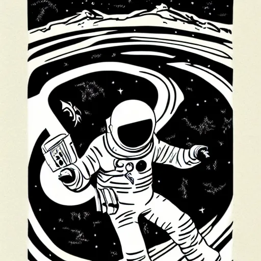 Prompt: mcbess poster, astronaut drifting into a black hole