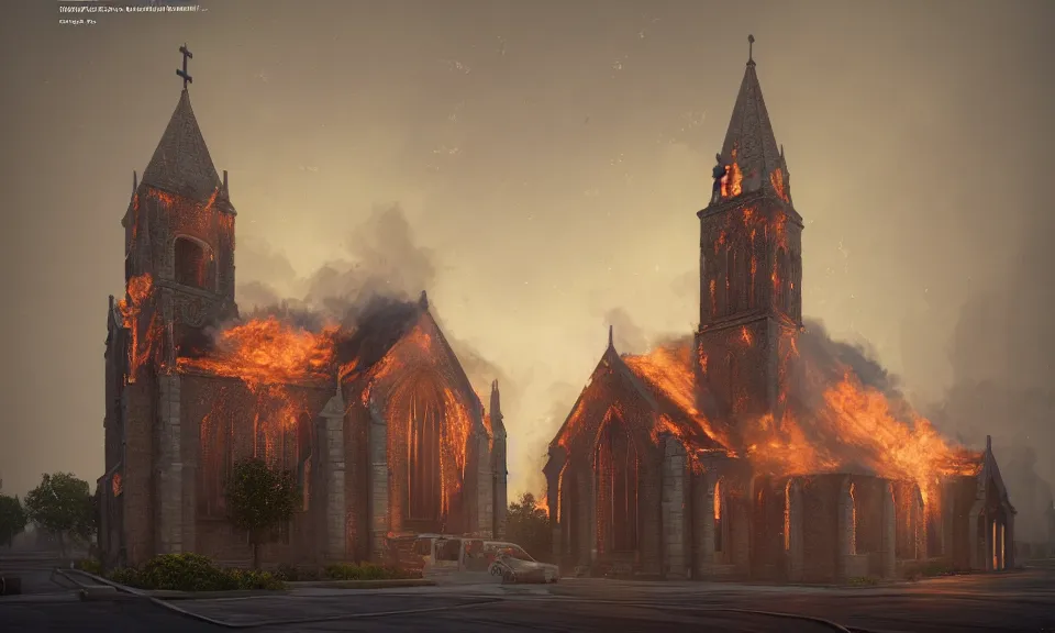 Prompt: a beautiful hyperrealistic 3d render of a church on fire by, Anton Otto Fischer, Anton Semenov, Atey Ghailan, unreal engine, octane render, gigantic, unreal engine, 3d, octane render, brilliantly coloured, intricate, ultra wide angle, trending on artstation, embers, smoke, dust, dusk, volumetric lighting, HDR, polished, micro details, ray tracing, 8k