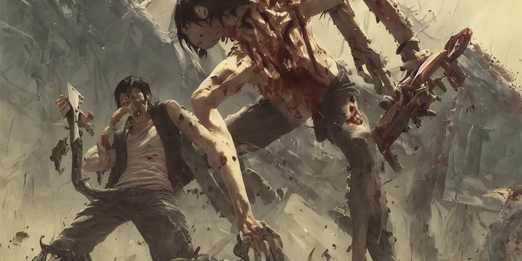 Image similar to evil dead, ash with his chainsaw arm, who fights against several undead, hyperrealistic, trending on pixiv fanbox, painted by greg rutkowski makoto shinkai takashi takeuchi studio ghibli, akihiko yoshida