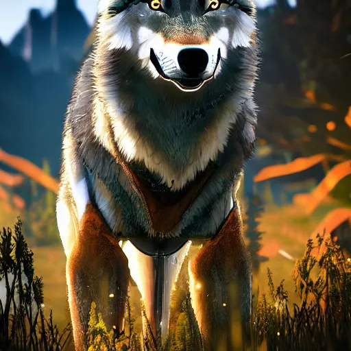 Image similar to closeup wolf, machine, horizon zero dawn, horizon forbidden west, android, robot, mechanical parts, editorial photography, realistic bokeh and depth of field, award winning, establishing shot