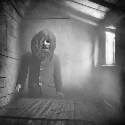 Image similar to dark attic with the man with a doll head