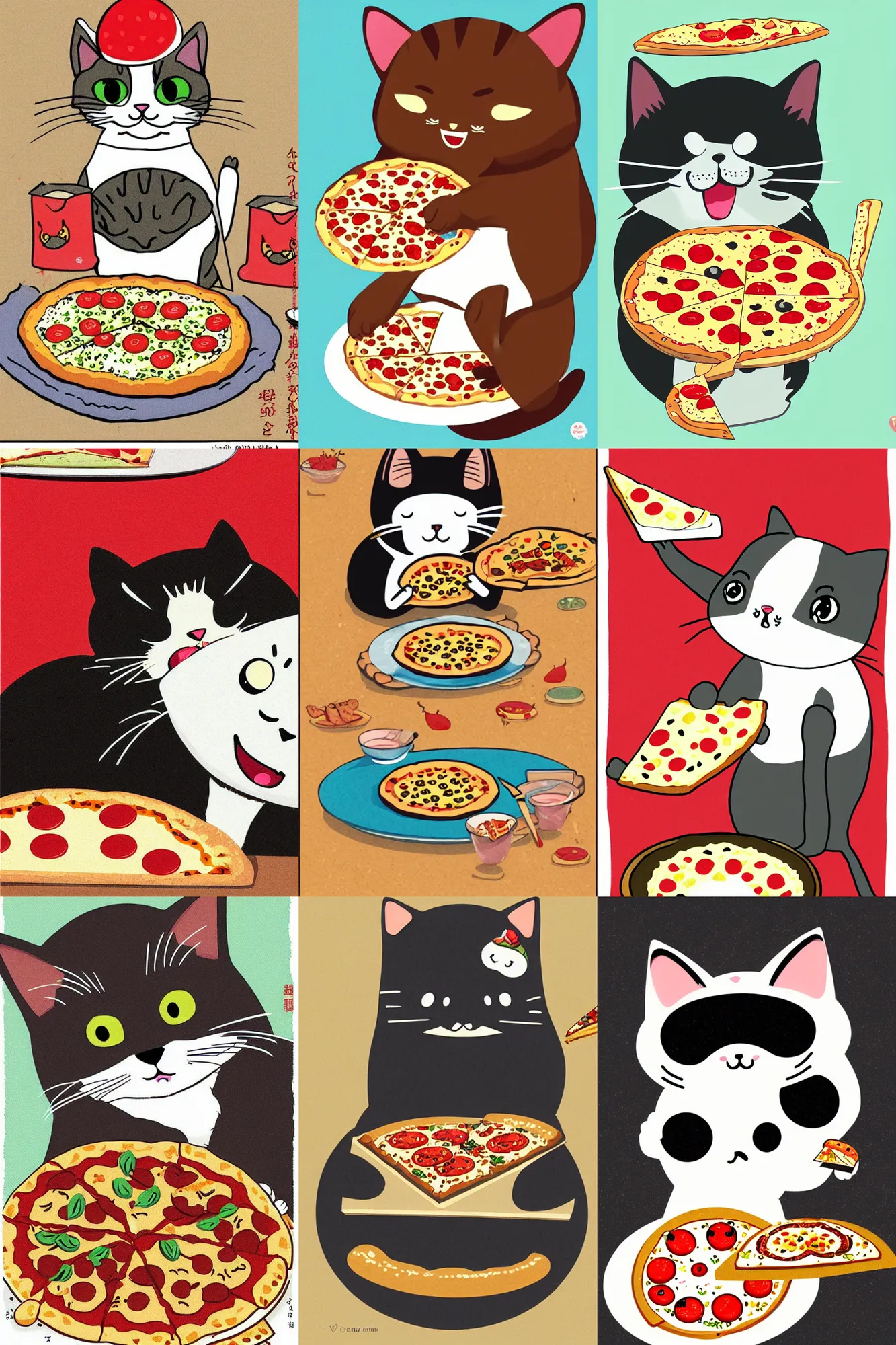 Prompt: Kawaii illustration of a cat eating pizza, japanese cute