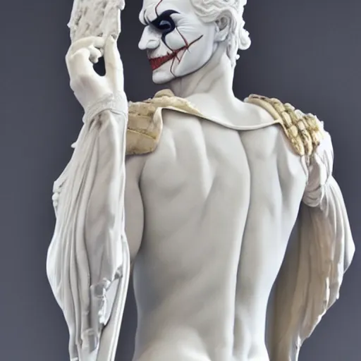 Prompt: white marble statue of the joker wearing ancient roman armor, 8 k, very detailed, very intricate,