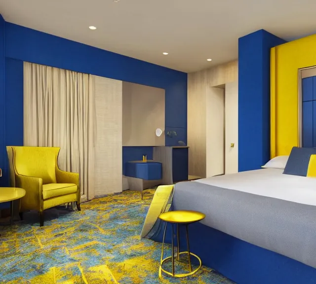 Image similar to a 4 k photorealistic photo hotel room picture of a luxury blue and yellow hotel room suite