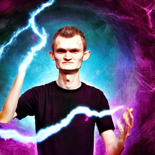 Prompt: Vitalik Buterin as an arcane wizard casting a spell - Photo manipulated by DALLE