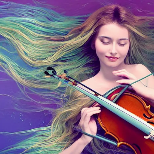 Image similar to a beautiful long - haired mermaid playing the violin in the wide ocean among fish