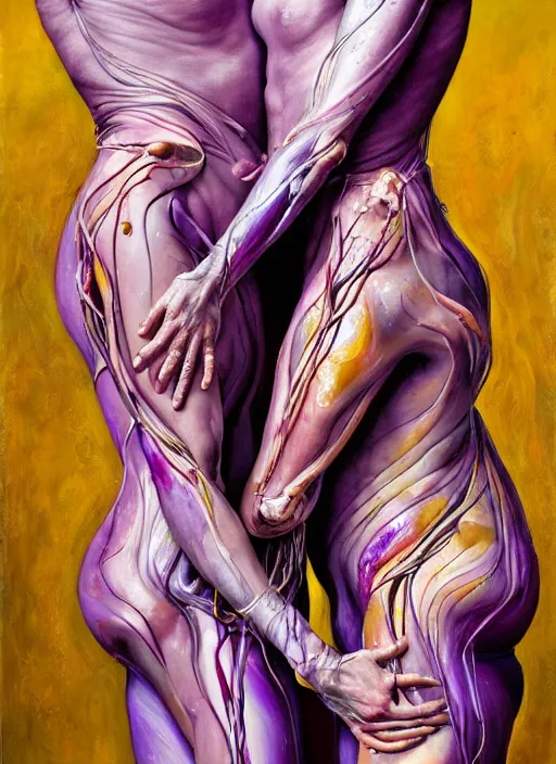 Prompt: a surreal biomorphic painting of two humanoid figures with extra limbs entwined in an embrace by jenny saville and charlie immer, draped in silky purple and gold, highly detailed, compassion, expressive paint strokes, emotionally evoking, rendered in octane, centred in image