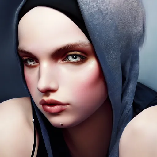 Image similar to A masterpiece portrait of a Incredibly beautiful queer girl with piercing and tatoo in nun hat. Incredible light. light night, artstation Masterpiece. Angel. Angel wings. light cute blush on face. medium shot, intricate, elegant, highly detailed. trending on artstation, digital art, by Stanley Artgerm Lau, WLOP, Rossdraws, James Jean, Andrei Riabovitchev, Marc Simonetti, Yoshitaka Amano. background by James Jean and Gustav Klimt, light by Julie Bell, 4k, porcelain skin. Octane render. epic dark fantasy.