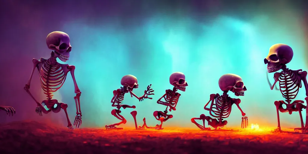 Image similar to skeletons, they are in front of a desk working on a new dark spell that is casting out flowing energy, colorful, flowing energy, light rays, medium shot, waist up, sharp, concept art, highly detailed, bloom, dramatic lighting, cinematic, by dreamworks