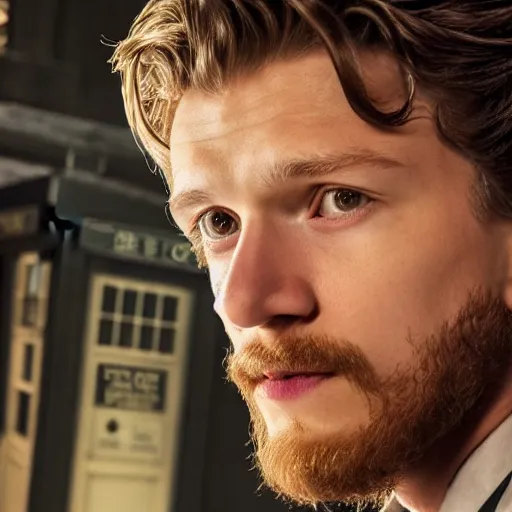 Image similar to tom holland with a beard as the new doctor who, cinematic, volumetric lighting, f 8 aperture, cinematic eastman 5 3 8 4 film, photorealistic