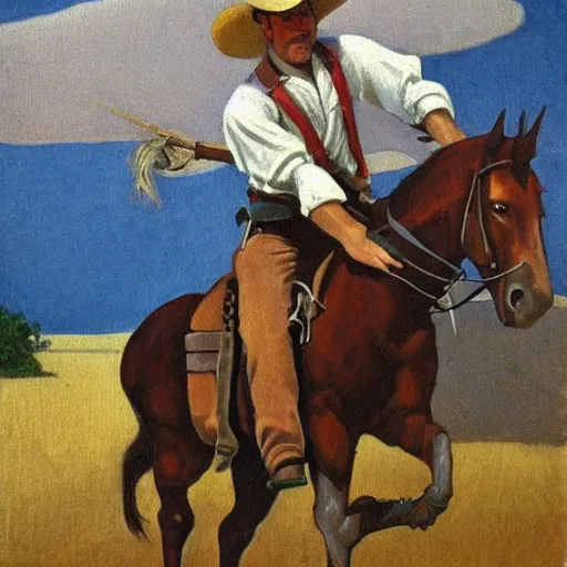 Image similar to a painting of a cowboy riding a unicorn in the style of n. c. wyeth.