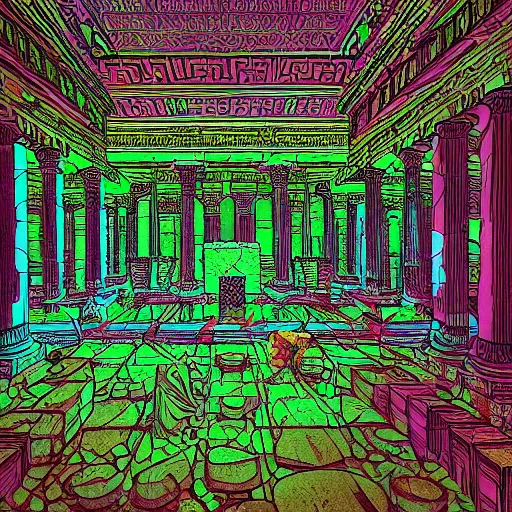 Prompt: Interior of Greek Temple covered in green lychen in the graphic style of Patrick Gleason and Marvel Comics, hyper detailed, trending on artstation, glow, volumetric, intricate, symmetric, Beautiful comic art