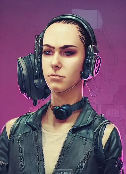 Prompt: Feminist Sara. Gorgeous female cyberpunk hacker wearing a cyberpunk headset, military vest, and pilot jumpsuit. gorgeous face. Realistic Proportions. Concept art by James Gurney and Laurie Greasley. Moody Industrial skyline. ArtstationHQ. Creative character design for cyberpunk 2077.