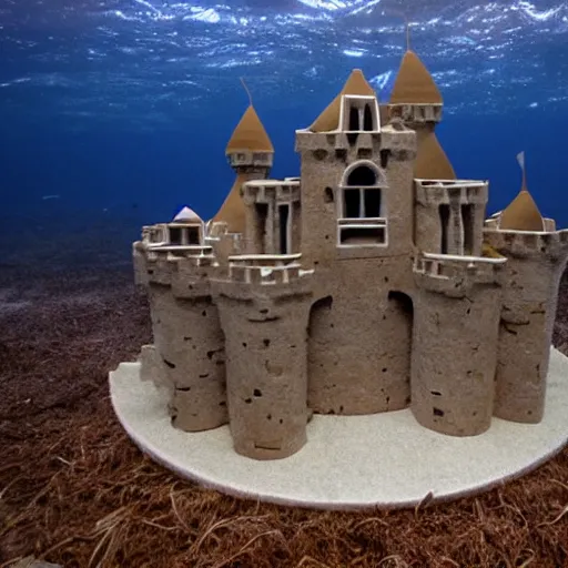 Prompt: humanmade castle, 1 to 1 scale, submerged underwater