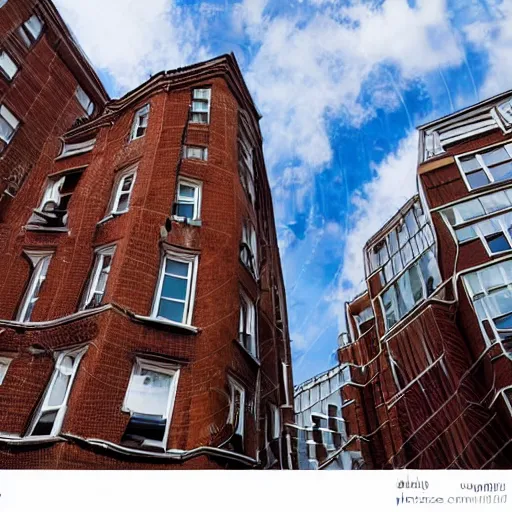 Prompt: brick skyscraper apartment building architectural marvel in london sky beautiful day clouds double-decker buses london cab