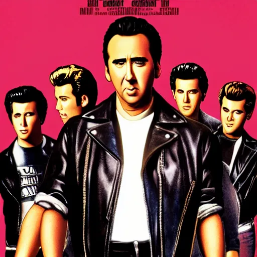 Image similar to a film poster of grease with Nicolas cage, realism, film grain