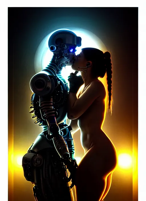 Image similar to ultra realistic medium shot of a couple of cyborgs lovers, kissing, cyberpunk, sci - fi, fantasy, kodak, photorealistic illustration, colour led, soft light, volumetric lighting, night, intricate, highly detailed, digital painting, concept art, smooth, sharp focus, illustration, art by artgerm and greg rutkowski and alphonse mucha