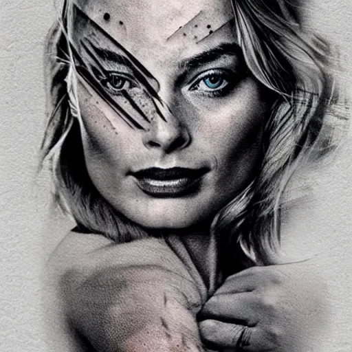 Image similar to tattoo design sketch of double exposure effect on margot robbie face and beautiful mountains, in the style of matteo pasqualin, amazing detail