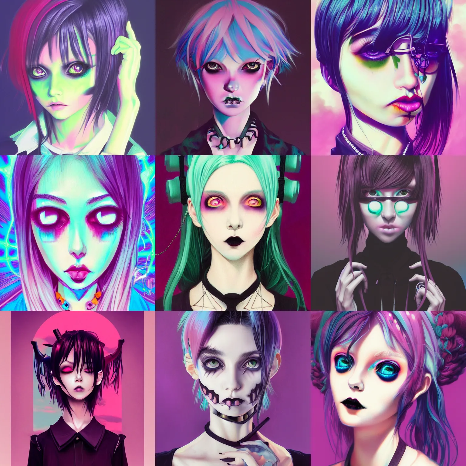 Prompt: 9 0 s, pastel goth aesthetic, creepy gothic portrait, yami kawaii, vaporwave colors, anime, manga, futuristic, hyperrealistic painting, by stanley twardowicz, ilya kuvshinov, rossdraws, trending on artstation