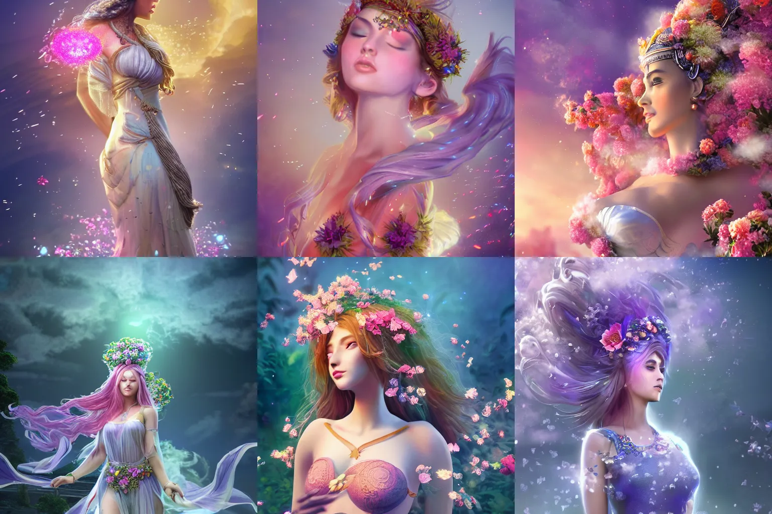 Prompt: a beautiful female goddess of the flowers character, character is in all its glory, character is in her natural relaxed pose, rim lights, particles and dust in the air, fancy clouds, highly detailed professional photo, dynamic lights, particles are flying, depth of field, trending on artstation, professional illustration, hyper realistic, vray caustics, super detailed, colorful accents, cinematic shot