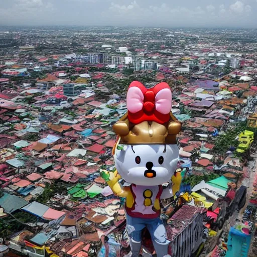 Image similar to Lucifer looking down on the Surabaya city from above when giant hello kitty battle mechas attacking