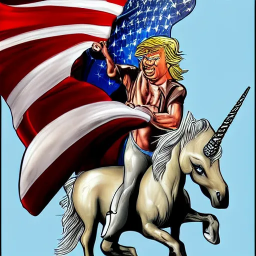 Prompt: Donald Trump riding a unicorn. digital art by Simon Bisley