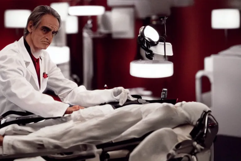 Image similar to a scene from the movie dead ringers with jeremy irons, cinematic lighting, black and red contrast, medical equipment