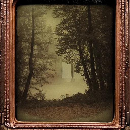 Prompt: a n ethereal daguerreotype of a cottage in a misty forested valley in autumn, portal to hell
