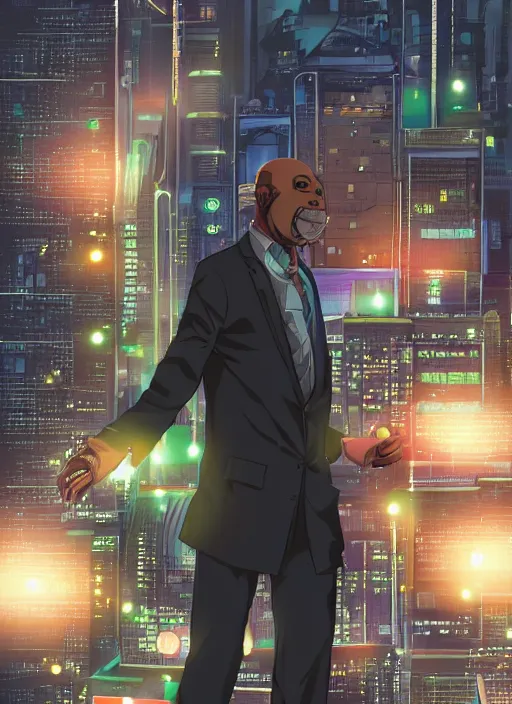 Image similar to manga cover, bald african-american man sticking out his tongue, large tongue, business suit intricate cyberpunk city, emotional lighting, character illustration by tatsuki fujimoto