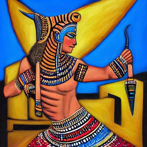 Image similar to hybrid mix of egyptian and tribal dance theme, art by jeff lyons, surrealism