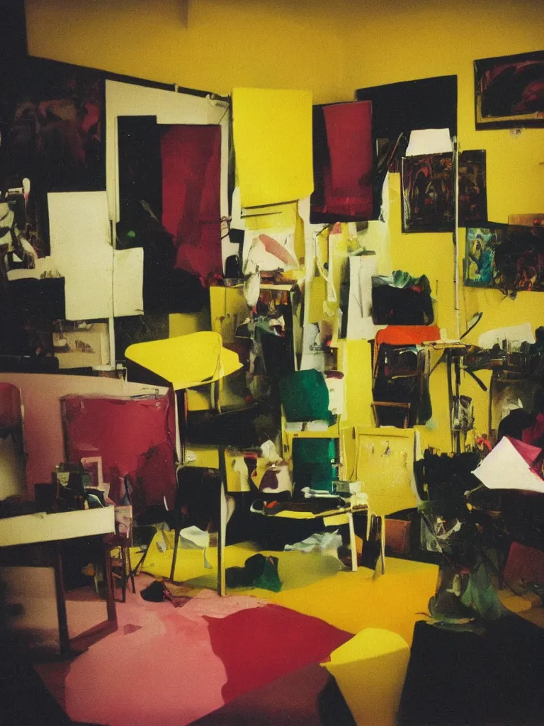 Prompt: dramatic scene shallow depth of field medium shot uncanny surreal photograph of a colorful intimate art studio in 1 9 9 5 titled'romantic theme totally yellow ', photographed by william eggleston and ken price and man ray, grainy shocking detail trending on artstation 8 k