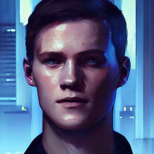 Image similar to portrait of connor from the game detroit:become human,digital art,ultra realistic,ultra detailed,art by greg rutkowski,dramatic,professional lighting