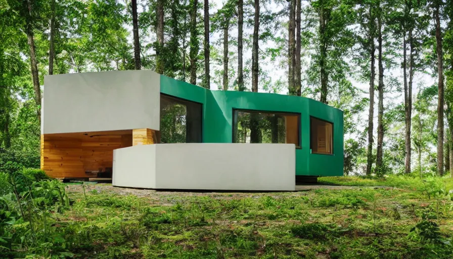 Prompt: A wide image of an eco-community of innovative contemporary 3D printed prefab sea ranch style cabin with rounded corners and angles, beveled edges, made of cement and concrete, organic architecture, in a lush green forest Designed by Gucci, Balenciaga, and Wes Anderson, golden hour