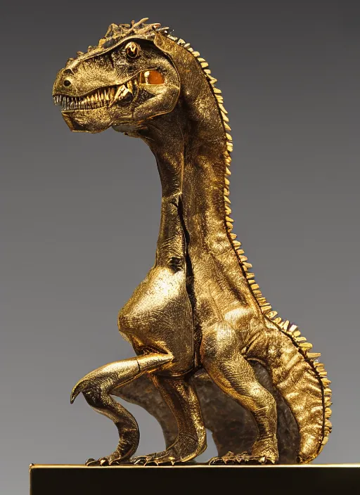 Image similar to bronze age Irish, gold cloak pin of a dinosaur, studio lighting, museum display case