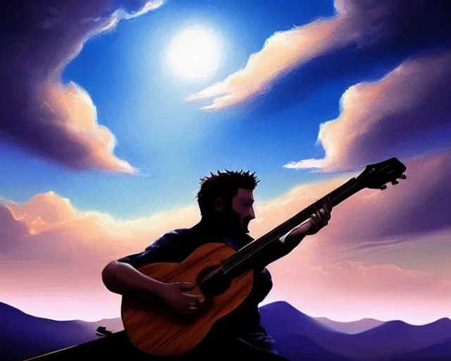 Image similar to A slightly silhouetted figure of a man with a guitar, clouds that look like mountains high in the sky, the clouds are a deep blue purple color with the sun blazing behind the clouds, deep focus, D&D, fantasy, intricate, elegant, highly detailed, digital painting, artstation, concept art, matte, sharp focus, illustration, hearthstone, art by Andreas Rocha and Esao Andrews