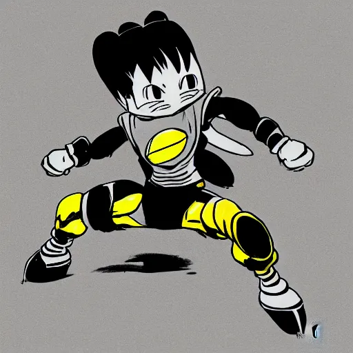 Image similar to a drawing of a cartoon character in yellow and black, concept art by Akira Toriyama, pixiv, neogeo, toonami, dynamic pose, official art