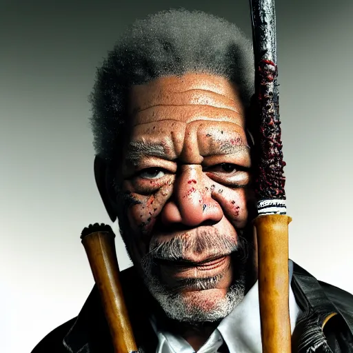 Prompt: photo of Morgan Freeman dressed as Negan, mischievous look with his barbed baseball bat Lucille on his shoulder, in the style of George Hurrell, white fog, octane render