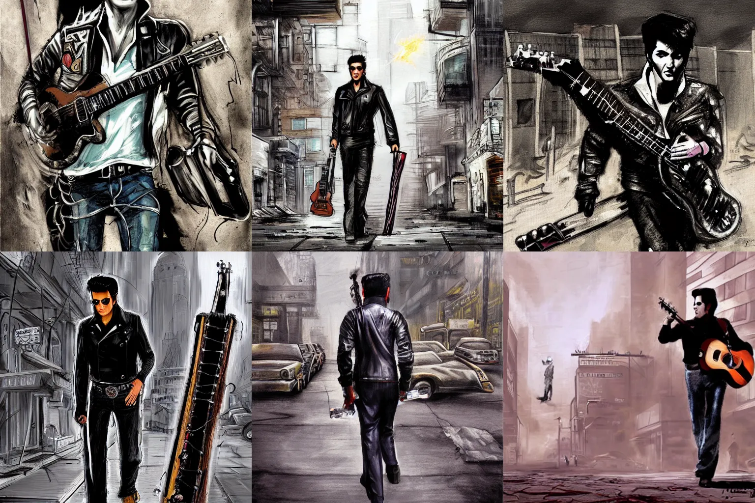 Prompt: concept art painting of elvis presley walking through post apocalyptic new york with a guitar strapped to his back