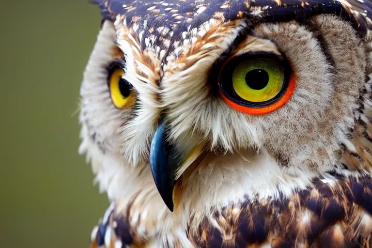 Image similar to scenic photo of an owl eating a carrot. focus on the owl's beak and eye. intricate eye. extremely large wings. extreme detail, hyperrealistic photo