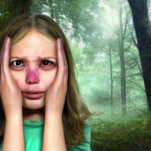 Prompt: a crying girl in the woods, sci - fi, detailed portrait, 3 d